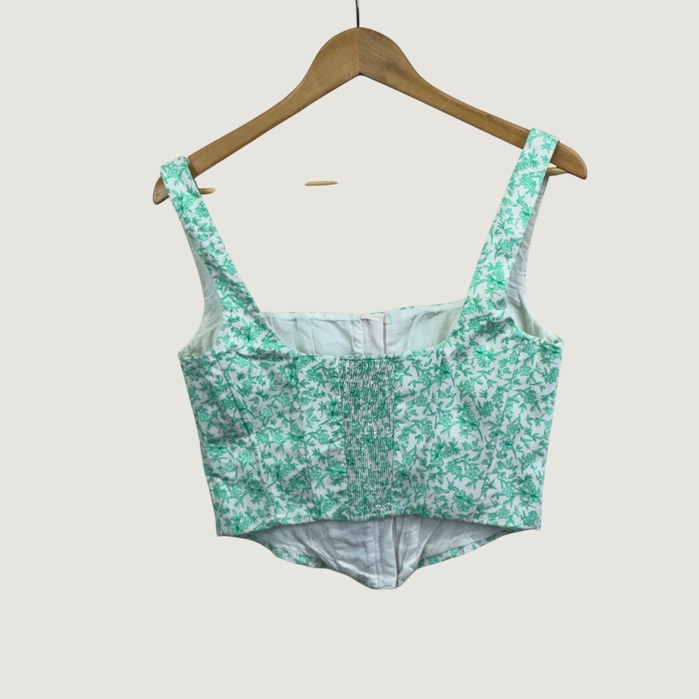 Zara Floral Corset Top Size L Green White Cottagecore Fairycore Summer Crop - Picture 2 of 8